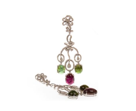 PAIR OF DIAMOND AND GEM SET DROP EARRINGS, each of diamond set openwork form, with floral motif decoration to the fitting and