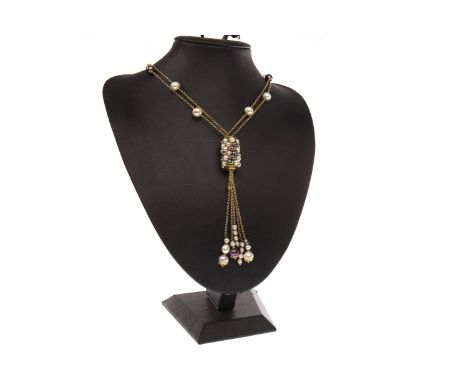 PEARL AND CHAIN NECKLACE, formed by sections of chain with white, pink and grey pearls at intervals, with a cylindrical drop 
