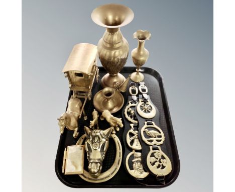 A tray of brass ware, horse and cart, horse head knocker, horse brasses, vases etc 