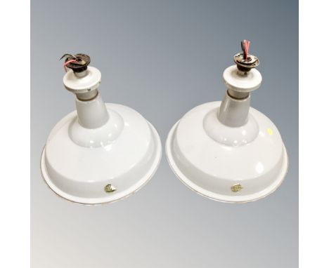 A pair of R. L. M. reflector industrial enamelled pendant light fittings.