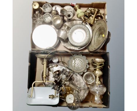 Two boxes of antique and later plated wares, Bentima clock under shade, banker's lamp etc 