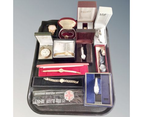 A tray of wristwatches, Ingersoll gold plated Triumph pocketwatch, Timex wristwatch with black dial etc.