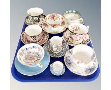 A tray of china cups and saucers, Aynsley, Royal Albert, Wedgwood etc.