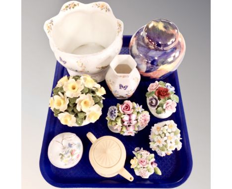 A tray of ceramics, Aynsley cottage garden, flower posies, Wedgwood teapot, Maling storm caddy etc 