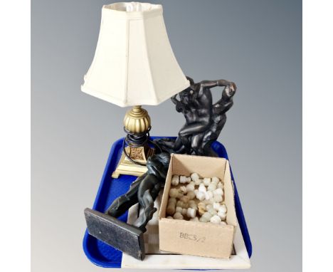 A tray of contemporary gilt table lamp, two contemporary figures, marble chess set with pieces (af) 