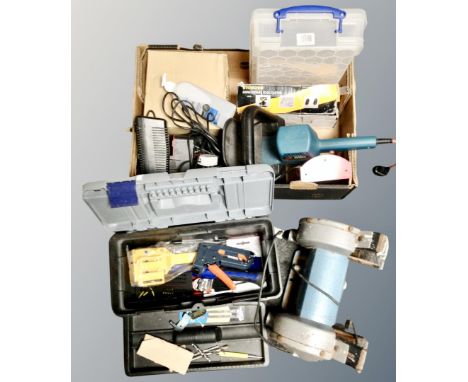 A Black and Decker bench grinder together with a tool box and a further box containing Black and Decker hedge trimmer, a Tool