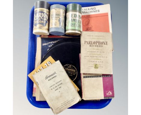 A tray of gramophone ephemera, 78's on Brunswick, Columbia labels, books to include Parlophone records, HMV 1942 - 1943 catal