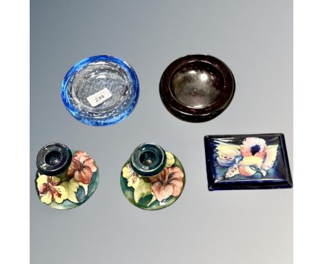 A pair of Moorcroft candlesticks, together with a Moorcroft lidded trinket pot and two contemporary glass dishes. (Af) CONDIT