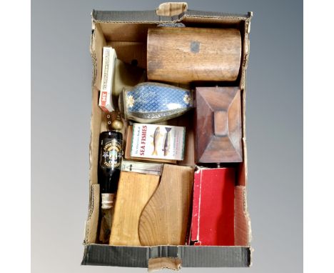 A box of old tea caddy, correspondence box both without interiors, Newcastle 900 anniversary ale etc 