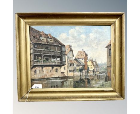 R. Reath : Buildings by a river, oil on canvas, 39cm by 30cm.
