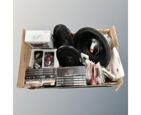 A box containing a JBL 1000W sub woofer speaker together with a further pair of a Alpine car speakers, assorted phone cases, 