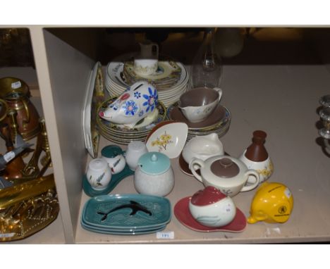 A selection of ceramics, including Poole pottery pin dishes with dolphin decoration, Carlton ware preserve pot, Denby cruet a