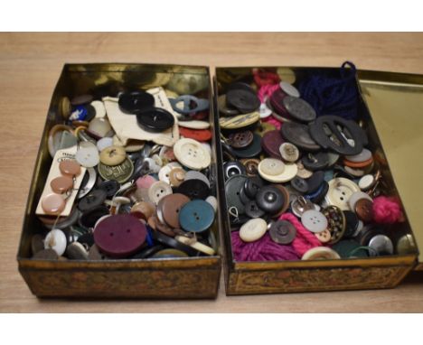 Two tins of vintage buttons and sewing accessories
