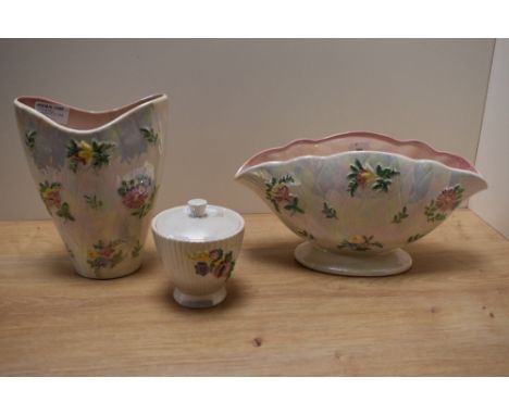 Two Maling ware vases having lustre finish with floral sprigs and a similar trinket pot.