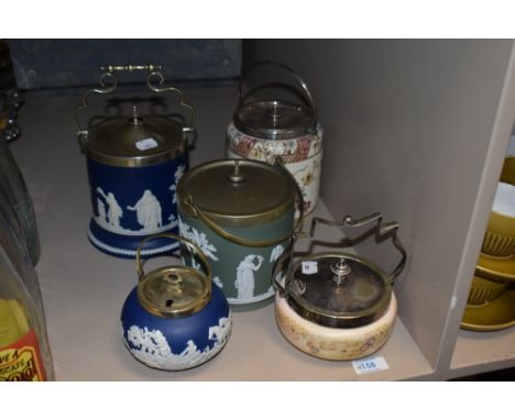 A collection of biscuit barrels and sugar basins, including Adams and Wedgwood Jasper ware, also included is a sugar basin wi