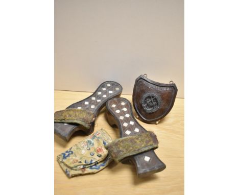 A pair of 19th Century Japanese Mother of Pearl inlaid Geta shoes, 23cm long, an adzed oak Whitehaven Masonic Rifle Club plaq