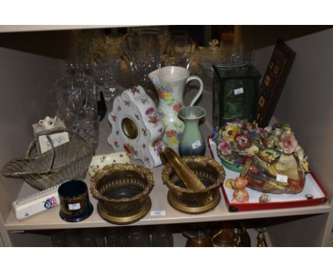 A selection of vintage items, including cut glass vase, ceramic clock with floral decoration, Radford jug, brass baskets with