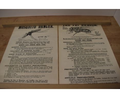 Three vintage public health posters, advertising the dangers of Flies, Lice and Mosquitoes, issued by the British museum.