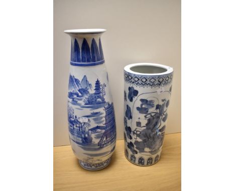 A Japanese blue and white umbrella or stick stand, measuring 38cm tall, and a Chinese blue and white footed vase with flared 