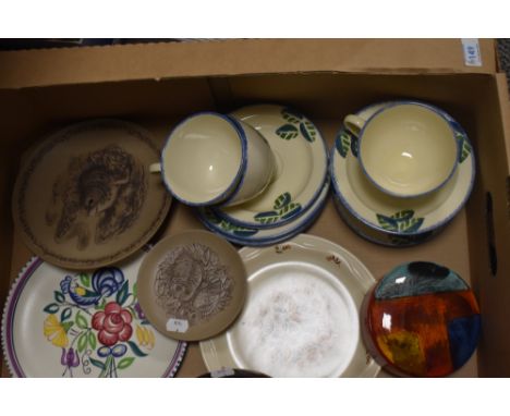 A selection of vintage and modern Poole Pottery, including hand painted cups, saucers and plates having fruit design, trinket