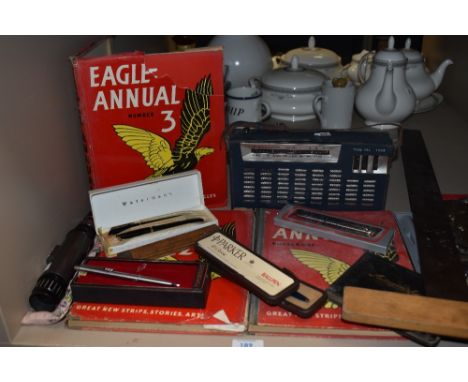 An collection of vintage items, including Eagle Annuals, Parker pens, transistor radio and a autograph book with some illustr