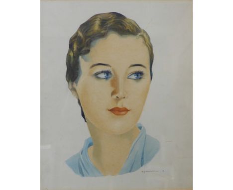 F. Percival, Art Deco portrait of lady, watercolour, 26 x 21cms, framed