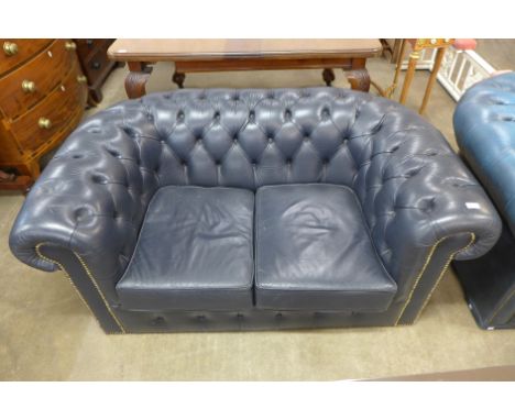 A Chesterfield blue leather settee