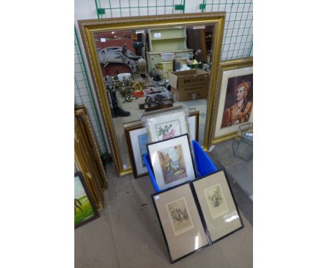 A gilt framed mirror, two signed F. Robson etchings, woolwork tapestry and three prints