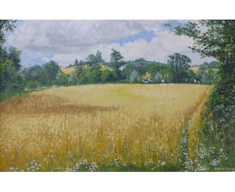 Prudence 'Prue' Rowe-Evans (British 1921 - 2005), Cornfield, oil on panel, 29 x 44cms, framed