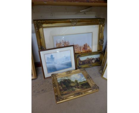 Two large gilt framed prints, a John Constable oleograph and two others