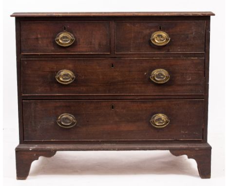 AN ANTIQUE MAHOGANY CHEST of two short and two long drawers, standing on bracket feet 95cm wide x 55cm deep x 80cm high 