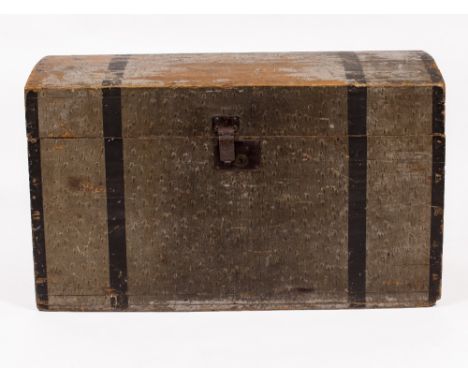 A 19TH CENTURY PINE DOME TOPPED TRUNK with scumbled decoration and with partially fitted interior, with iron carrying handles