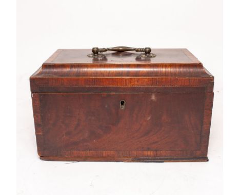 A GEORGE III MAHOGANY AND ROSEWOOD CROSS BANDED TEA CADDY  25cm wide x 14cm deep x 14.5cm high 