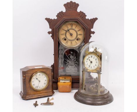 A CONTINENTAL ANNIVERSARY CLOCK 26cm high including the dome together with further mantle clocks and timepieces (4)