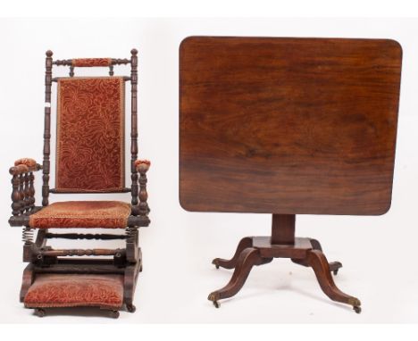 A 19TH CENTURY MAHOGANY TILT TOP CENTRE TABLE the rectangular top 91cm wide together with an early 20th century rocking chair