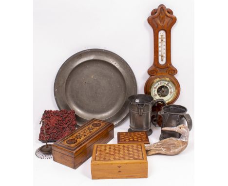 AN ANTIQUE PEWTER CHARGER together with various inlaid boxes to  include Tunbridgeware box, a small aneroid wall hanging baro