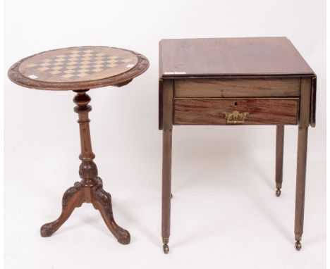 A LATE 19TH / EARLY 20TH CENTURY MAHOGANY DROP FLAP TABLE and a Victorian mahogany games tripod table inset with burr walnut 