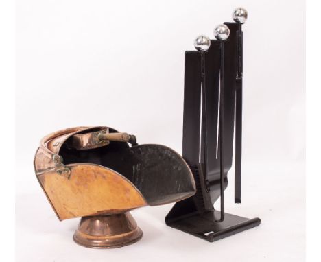 A CONTEMPORARY SET OF THREE FIRE TOOLS and a 19th century copper coal bucket (2)