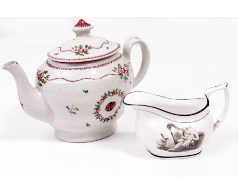 A GEORGE III NEW HALL PORCELAIN TEAPOT decorated with flowers, 24cm long x 18cm high together with an early 19th century porc