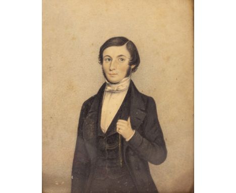 AN EARLY 19TH CENTURY PORTRAIT WATERCOLOUR of Frederick Allen born 1821 died 1852, 18cm x 14cm, mounted in a gilded gesso fra