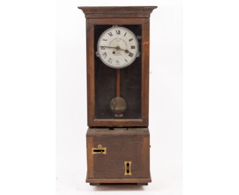 A GLEDHILL-BROOK TIME RECORDERS LIMITED OAK CASED HANGING CLOCKING IN / OUT CLOCK with painted dial, 48cm wide x 117cm high