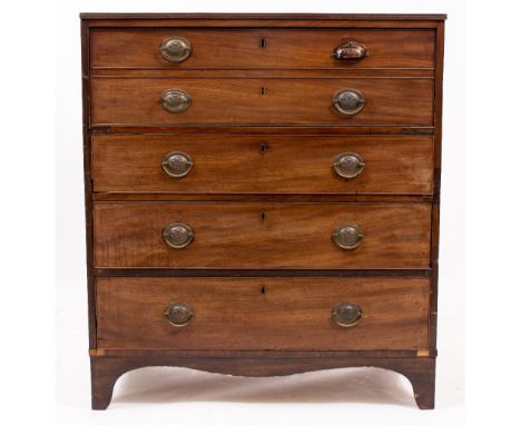 A GEORGE III MAHOGANY SECRETAIRE CHEST with fitted secretaire drawer over three long drawers and standing on bracket feet 91c