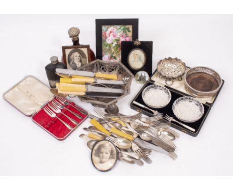 A SMALL QUANTITY OF SILVER PLATED CUTLERY, a portrait miniature of a young woman, a silver plated wine bottle coaster etc