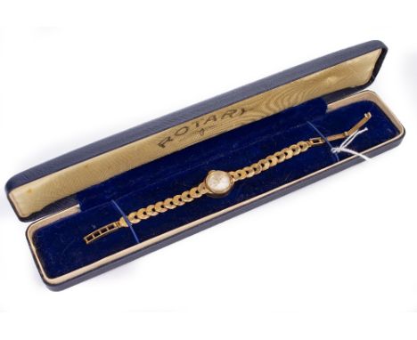 A 9CT YELLOW GOLD ROTARY LADIES WRIST WATCH on 9ct gold strap 12cm excluding clasp