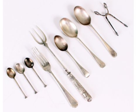 A SELECTION OF SILVER FLATWARE to include two silver spoons with marks for Sheffield, silver handled pickle fork, three teasp