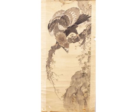 A 19TH CENTURY CHINESE SCROLL PICTURE ON SILK of a eagle looking at two monkeys hiding within a rock