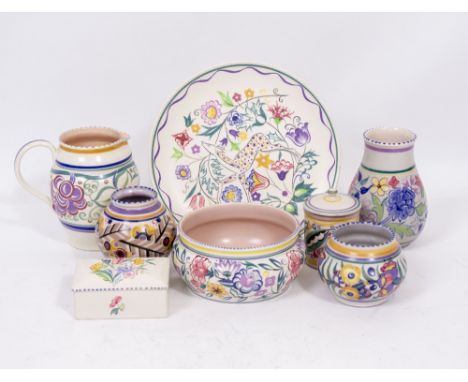 A SELECTION OF POOLE POTTERY to include mid  20th Century painted pot or vase with initials I.G.F to the underside, deer amon