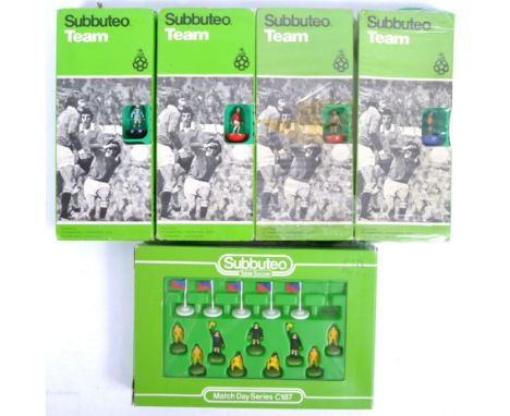 A collection of x5 vintage Subbuteo tabletop football team sets comprising; C187 Matchday Series (lacking x1 flag) and x4 C10