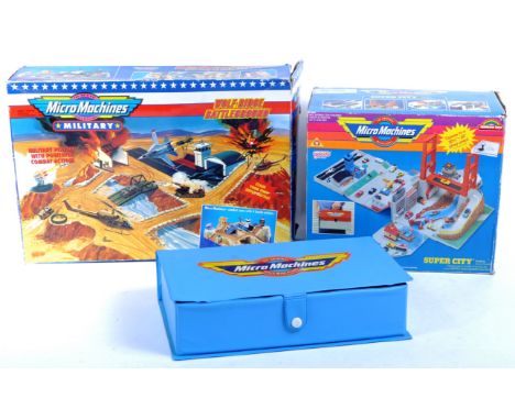 MicroMachines - Galoob - a collection of x3 original vintage playsets; Super City (with original box), Wolf Ridge Battlegroun