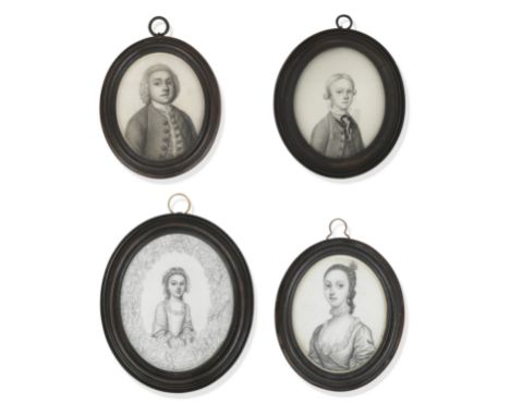 James Ferguson (Scottish, 1710-1776)A group of four plumbago miniatures:  Sarah Cox, half length, facing right, wearing a lac